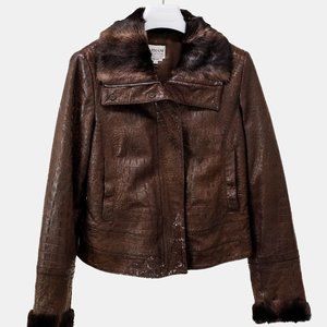 Armani Collezioni Croc-Embossed Brown Fur Trim Leather Jacket